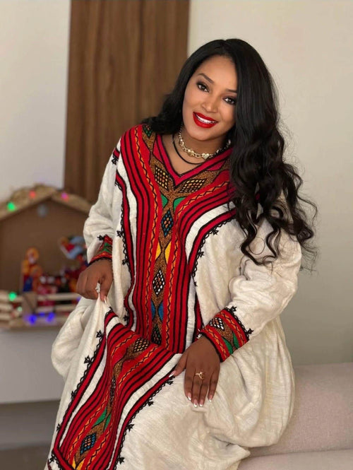 Cultural Habesha Fetil Kemis for Women, Red Tilet Eritrean & Ethiopian Traditional Dress, Cotton Fabric Clothing