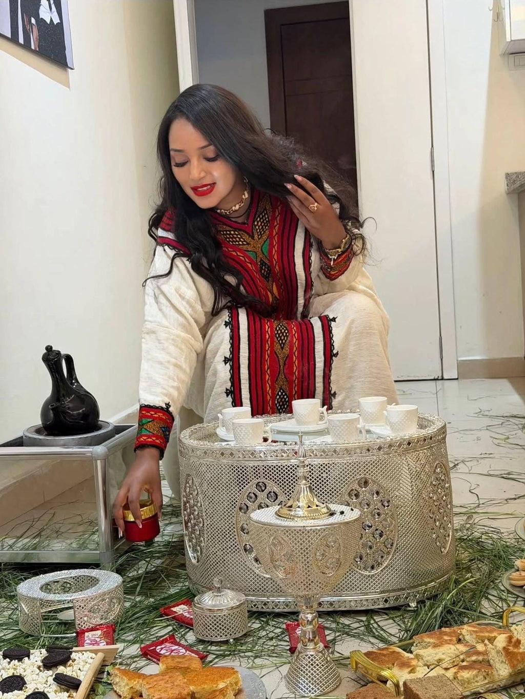 Cultural Habesha Fetil Kemis for Women, Red Tilet Eritrean & Ethiopian Traditional Dress, Cotton Fabric Clothing