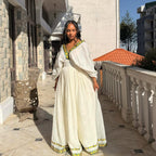 Cultural Habesha zuria Kemis For Women, New green and yellow  Tilet Eritrean & Ethiopian Traditional Dress
