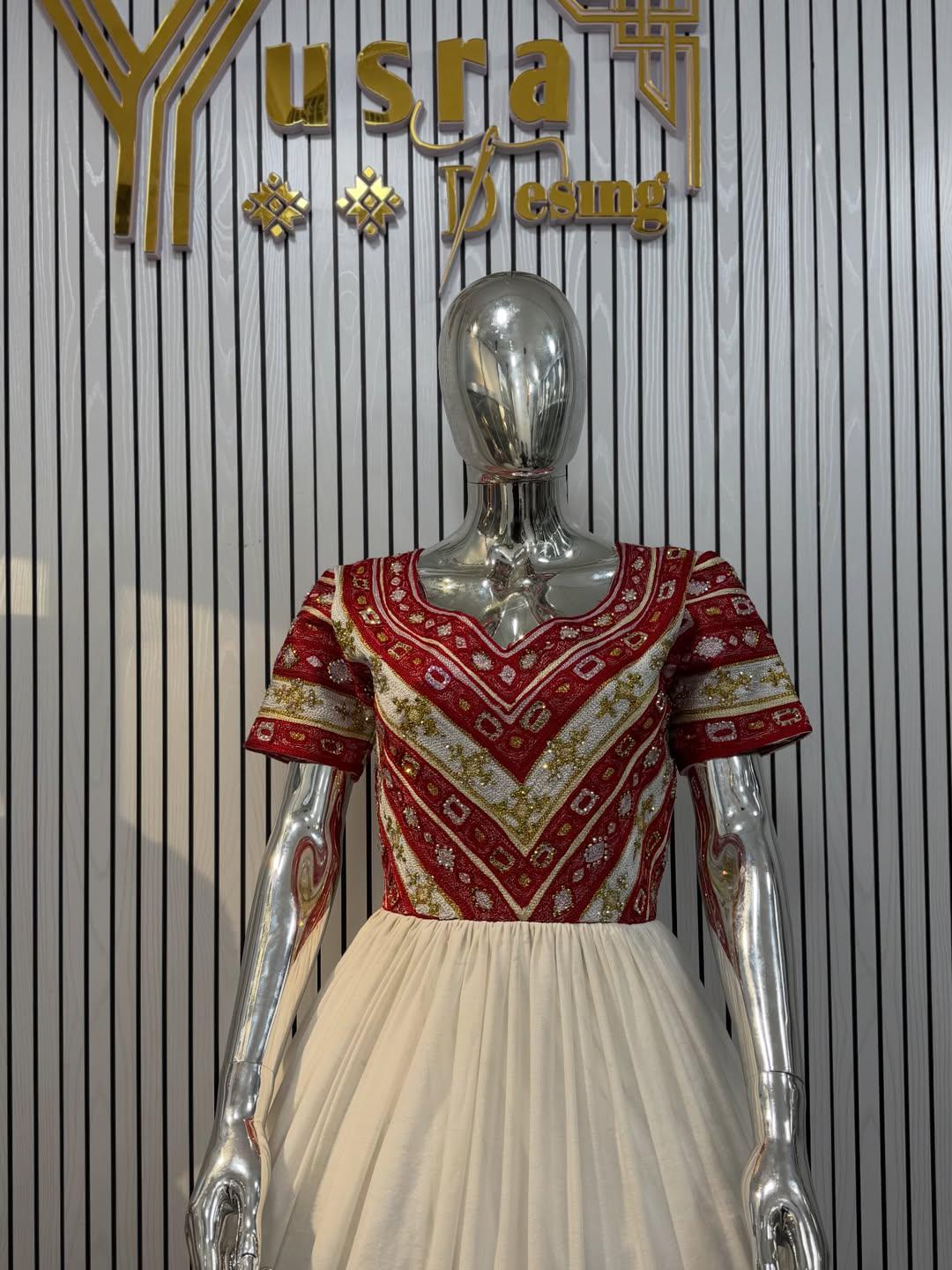 Cultural Habesha zuria  Kemis For Women, New golden and red tilf Tilet Eritrean & Ethiopian Traditional Dress