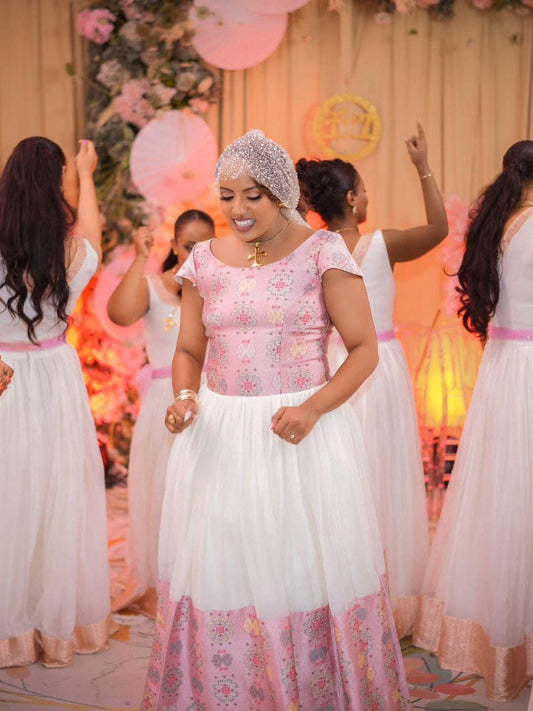 Cultural Habesha Fetil Kemis For Women, New pink Tilet Eritrean & Ethiopian Traditional Dress