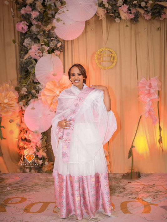 Cultural Habesha Fetil Kemis For Women, New pink Tilet Eritrean & Ethiopian Traditional Dress