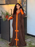 Cultural Habesha  Kemis For Women, New Brown Fabric Orange Tilf Embroidery Eritrean & Ethiopian Traditional Dress