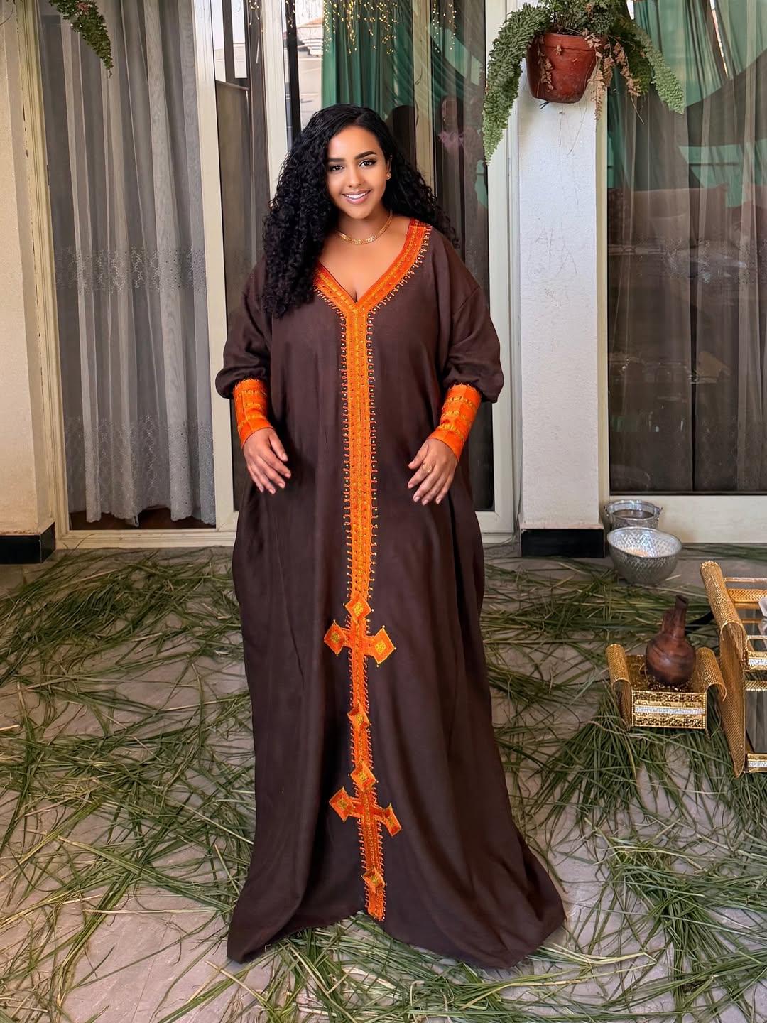 Cultural Habesha  Kemis For Women, New Brown Fabric Orange Tilf Embroidery Eritrean & Ethiopian Traditional Dress