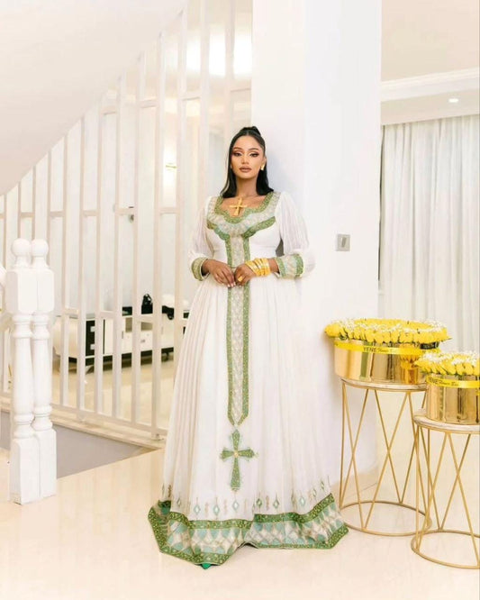 Cultural Habesha Kemis for Women green ,Tilet Eritrean & Ethiopian Traditional Dress