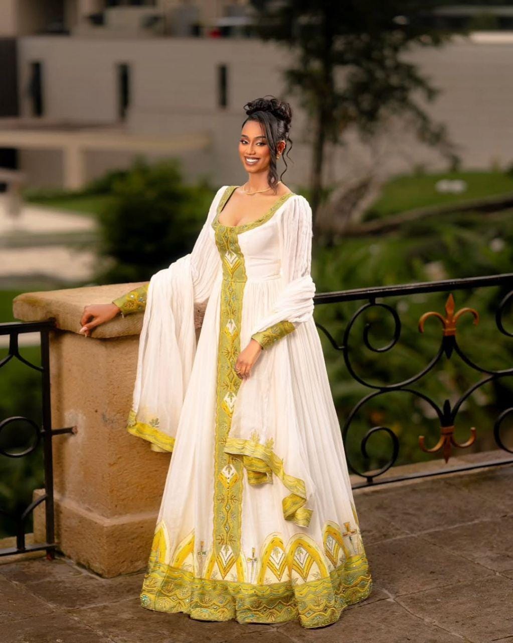 Ethiopian Habesha Kemis, Traditional White & Gold Embroidered Maxi Dress, Eritrean Cultural Wedding Dress, Handmade Gown