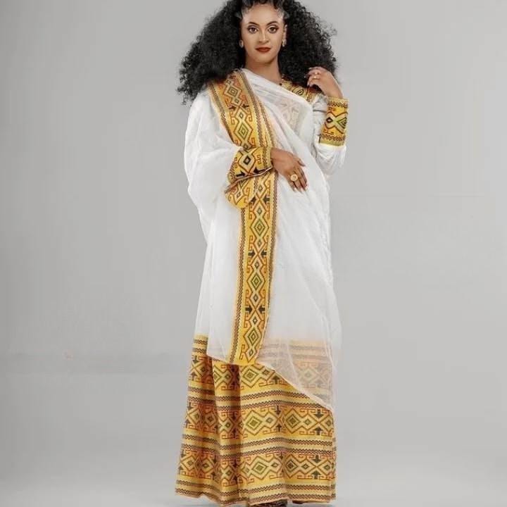 Cultural Habesha Kemis for Women, Golden Tilet Eritrean & Ethiopian Traditional Dress, Traditional Fabric Handmade Fashion