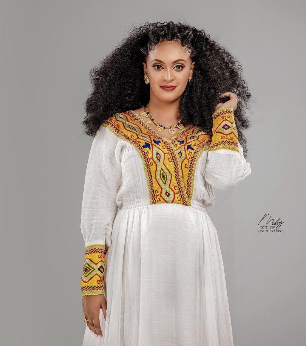 Cultural Habesha Kemis for Women, Golden Tilet Eritrean & Ethiopian Traditional Dress, Traditional Fabric Handmade Fashion