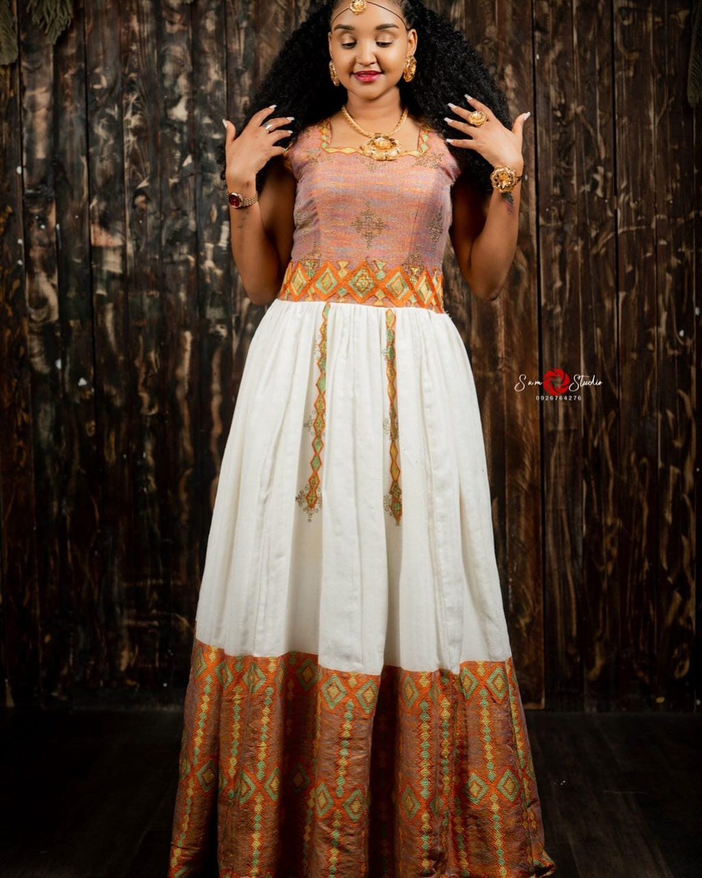 Cultural Habesha Kemis for Women,  Orange Tilet Eritrean & Ethiopian Traditional Dress
