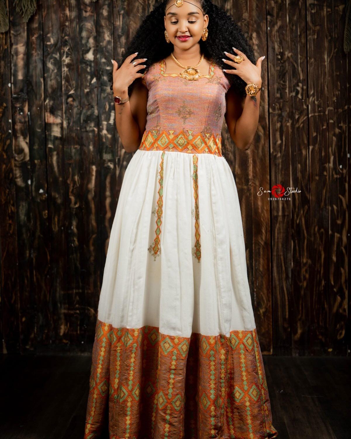 Cultural Habesha Kemis for Women,  Orange Tilet Eritrean & Ethiopian Traditional Dress