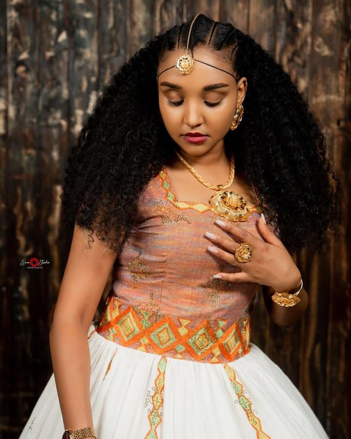 Cultural Habesha Kemis for Women,  Orange Tilet Eritrean & Ethiopian Traditional Dress