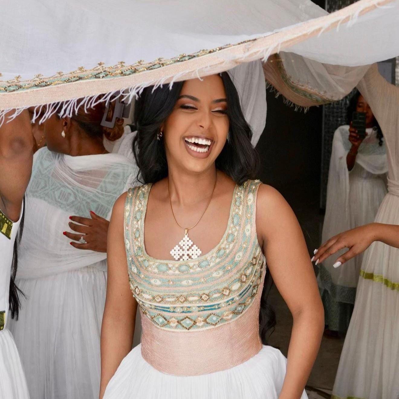 Cultural Habesha Kemis for Women, Green and Golden Tilet Eritrean & Ethiopian Traditional Dress