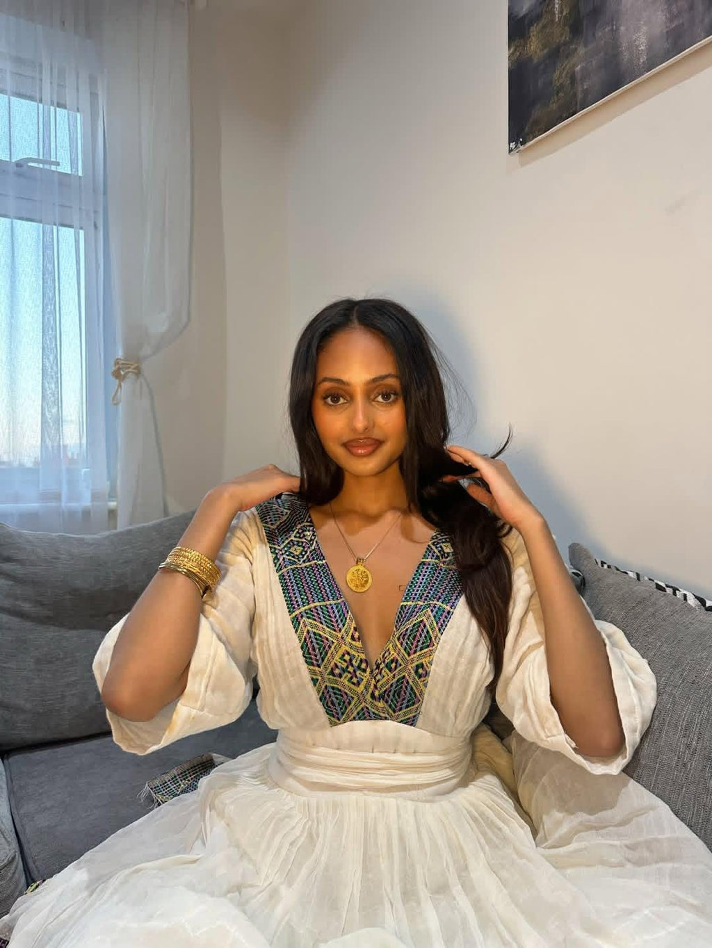 Cultural Habesha Kemis For Women, New Green Tilet Eritrean & Ethiopian Traditional Dress