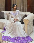 Habesha Kemis Traditional Dress, Ethiopian White & Purple Embroidered Maxi Dress, Eritrean Cultural Wedding Formal Gown