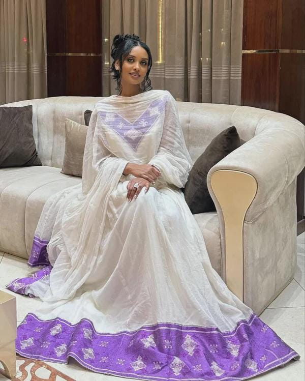 Habesha Kemis Traditional Dress, Ethiopian White & Purple Embroidered Maxi Dress, Eritrean Cultural Wedding Formal Gown