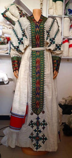 Habesha Kemis Traditional Dress, Cultural Ethiopian and Eritrean Fetil Wear, White & Green Embroidered Maxi Dress