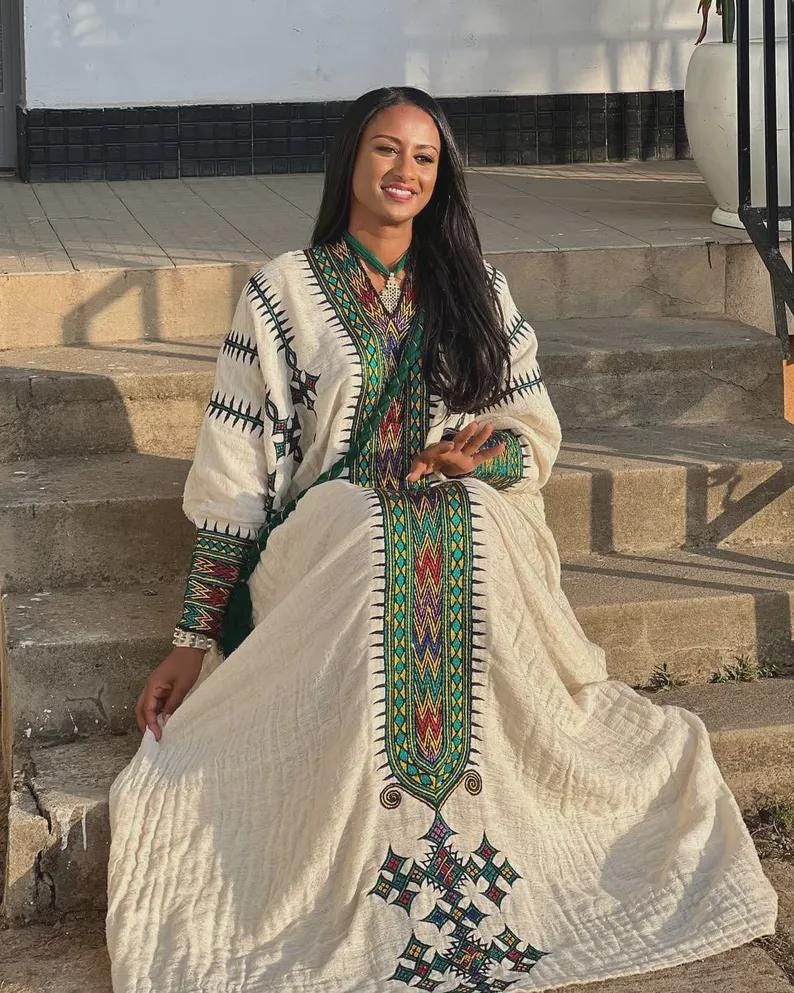 Habesha Kemis Traditional Dress, Cultural Ethiopian and Eritrean Fetil Wear, White & Green Embroidered Maxi Dress