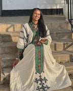 Habesha Kemis Traditional Dress, Cultural Ethiopian and Eritrean Fetil Wear, White & Green Embroidered Maxi Dress