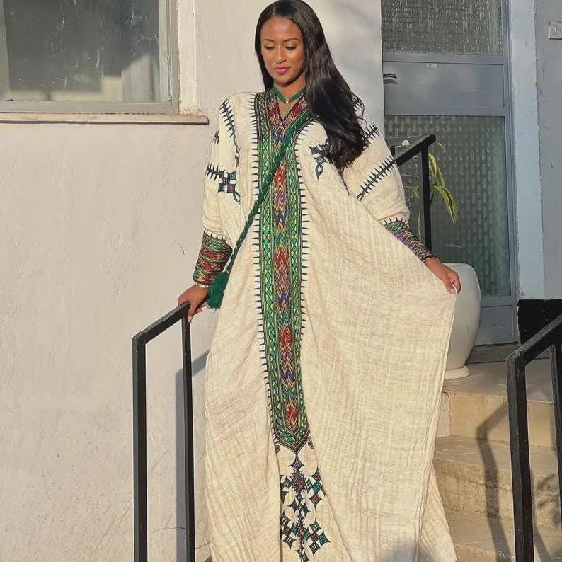 Habesha Kemis Traditional Dress, Cultural Ethiopian and Eritrean Fetil Wear, White & Green Embroidered Maxi Dress