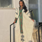 Habesha Kemis Traditional Dress, Cultural Ethiopian and Eritrean Fetil Wear, White & Green Embroidered Maxi Dress