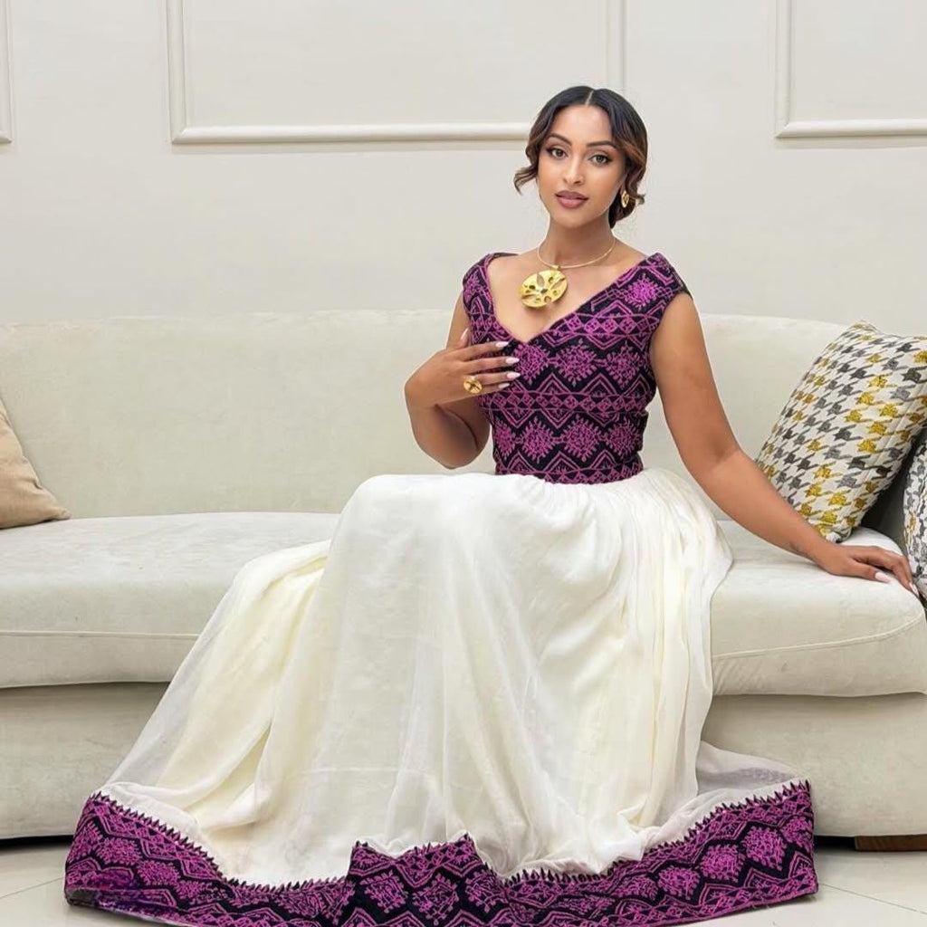 Habesha Kemis, Ethiopian Dress for Women, Handmade Traditional Cotton Dress with Purple Tibeb, Eritrean Cultural Gown