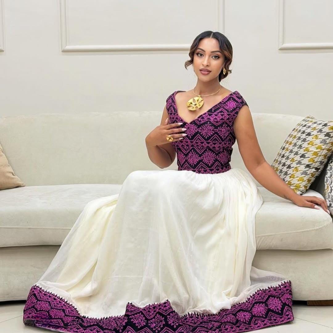 Habesha Kemis, Ethiopian Dress for Women, Handmade Traditional Cotton Dress with Purple Tibeb, Eritrean Cultural Gown