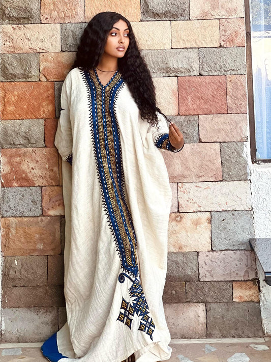 Cultural Habesha Fetil Kemis For Women, New Blue Tilf Embroidery Eritrean & Ethiopian Traditional Dress