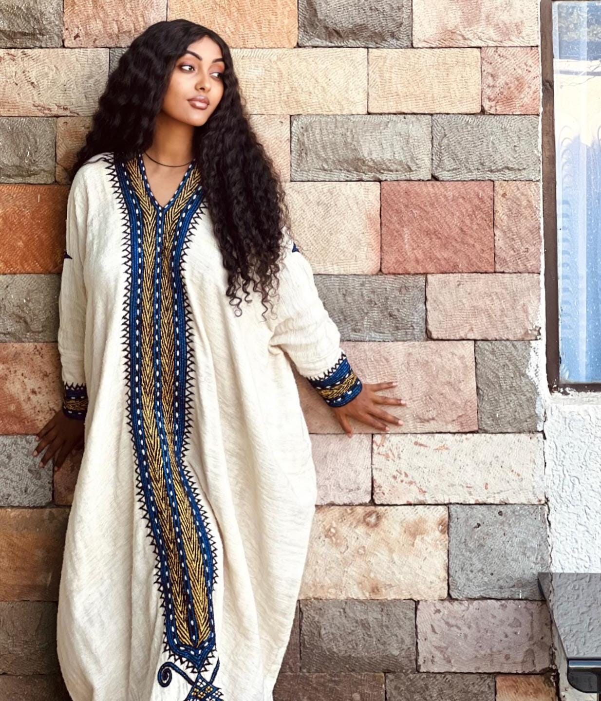 Cultural Habesha Fetil Kemis For Women, New Blue Tilf Embroidery Eritrean & Ethiopian Traditional Dress