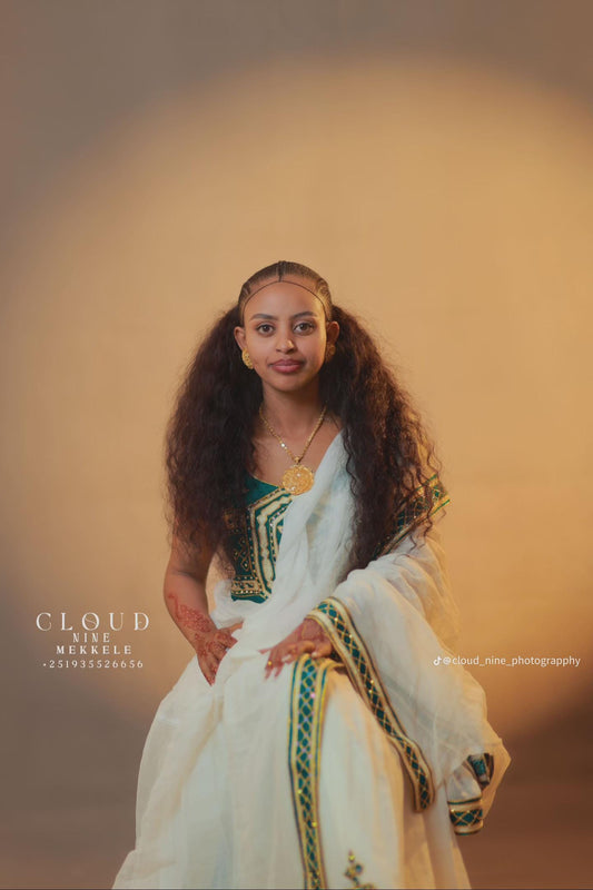 Cultural Habesha Kemis for Women golden and green  Tilet Eritrean & Ethiopian Traditional Dress