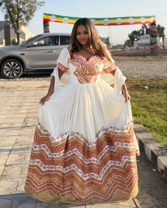 Cultural Habesha Kemis for Women golden and red  Tilet Eritrean & Ethiopian Traditional Dress