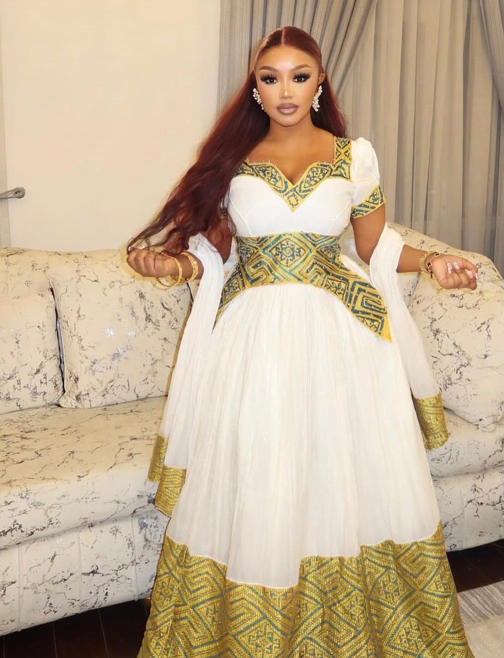 Cultural Habeshal Kemis For Women, New yellow Tilet Eritrean & Ethiopian Traditional Dress