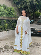 Cultural Habesha Kemis for Women yellow  Tilet Eritrean & Ethiopian Traditional Dress