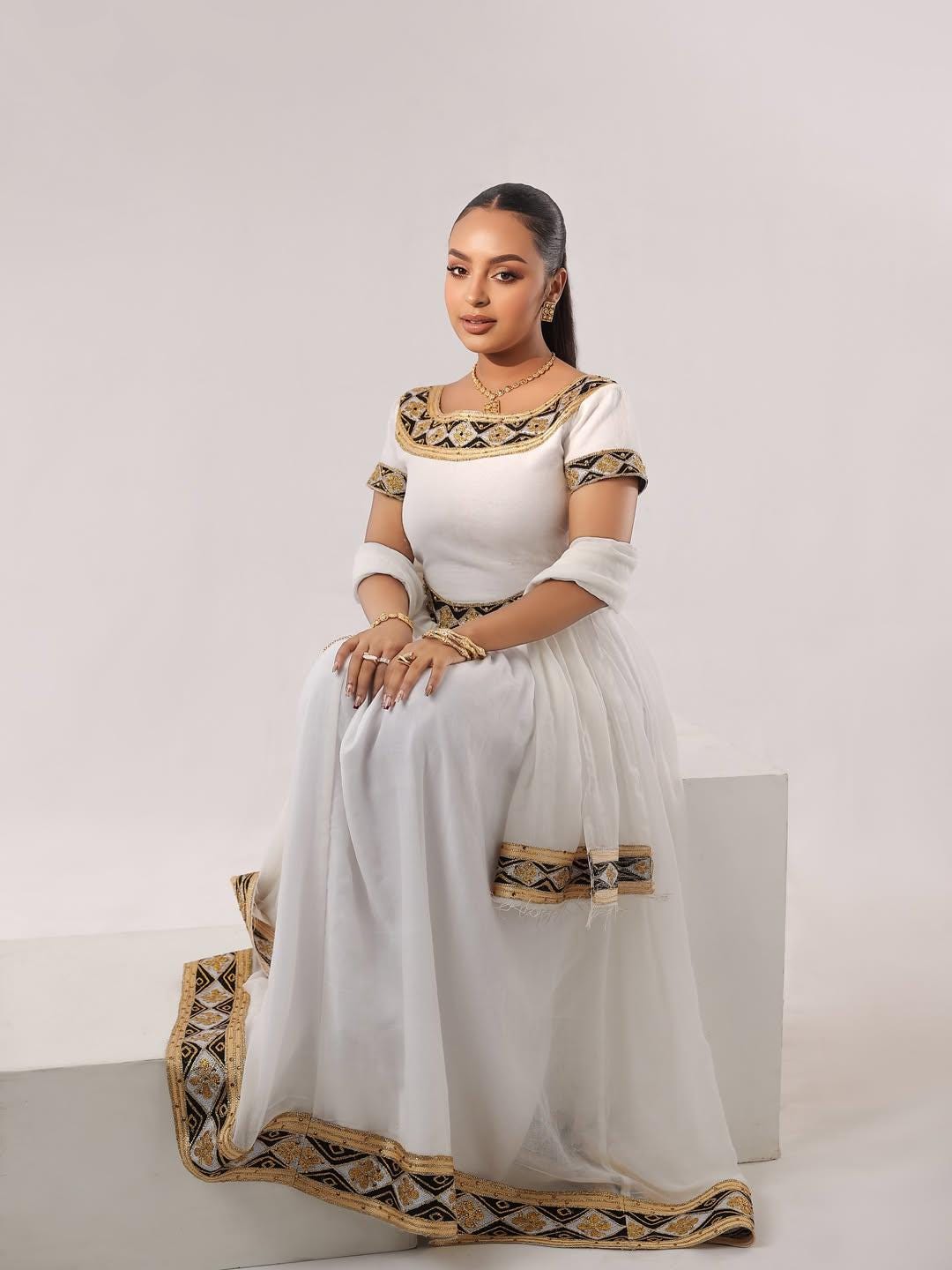 Cultural Habesha Kemis For Women, New Gold and Black Tilet Eritrean & Ethiopian Traditional Dress