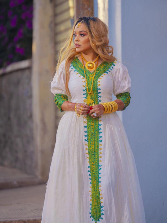 Cultural Habesha Fetil Kemis For Women, New light green Tilet Eritrean & Ethiopian Traditional Dress