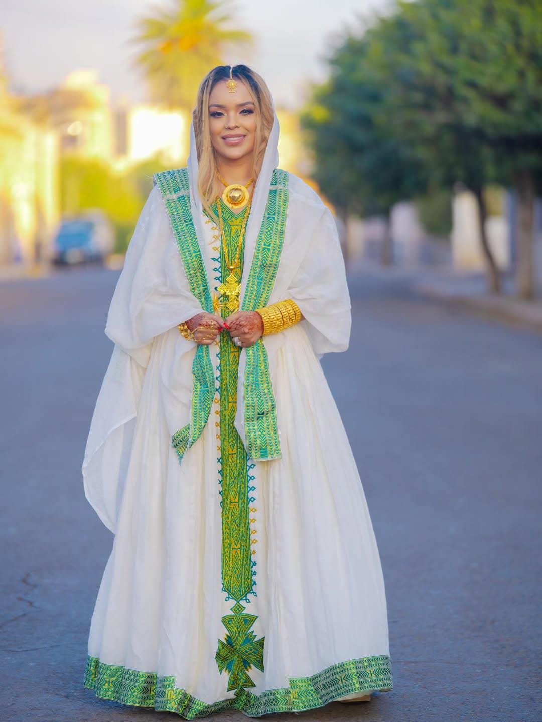 Cultural Habesha Fetil Kemis For Women, New light green Tilet Eritrean & Ethiopian Traditional Dress