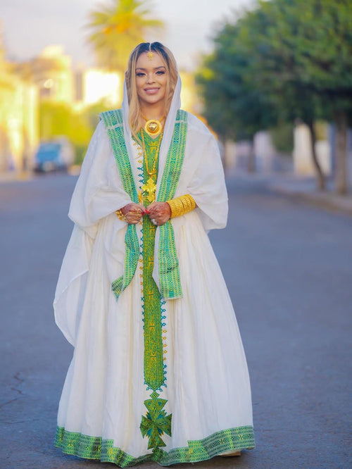 Cultural Habesha Fetil Kemis For Women, New light green Tilet Eritrean & Ethiopian Traditional Dress