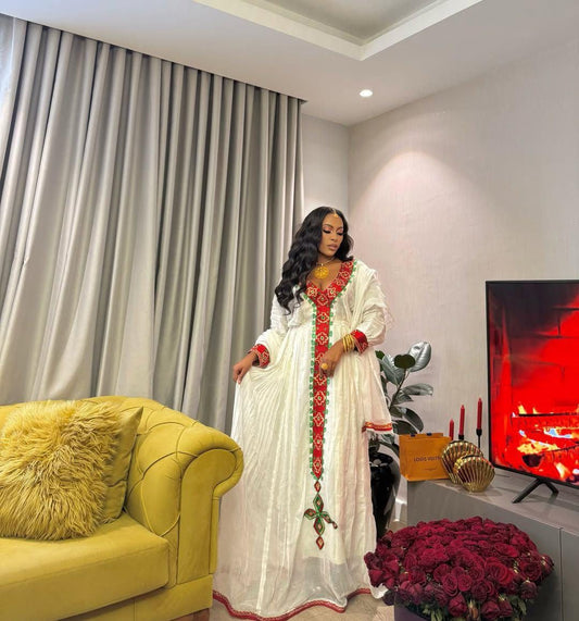Cultural Habesha Fetil Kemis For Women, New red Tilet Eritrean & Ethiopian Traditional Dress