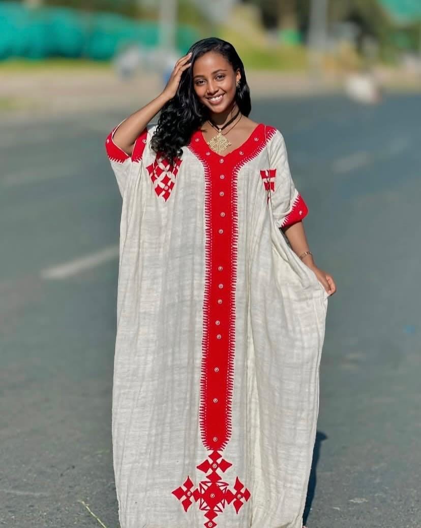 Cultural Habesha Fetil Kemis for Women ,  Red Tilet Eritrean & Ethiopian Traditional Dress