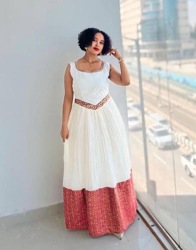 Cultural Habesha Kemis for Women, Red Tibeb Eritrean & Ethiopian Traditional Dress