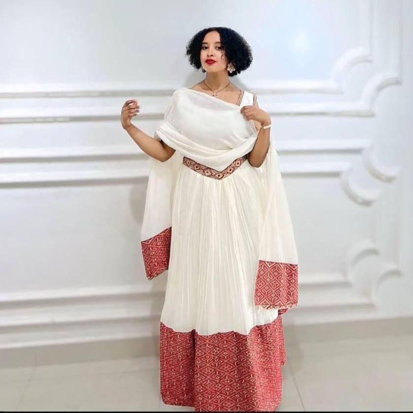 Cultural Habesha Kemis for Women, Red Tibeb Eritrean & Ethiopian Traditional Dress