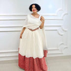 Cultural Habesha Kemis for Women, Red Tibeb Eritrean & Ethiopian Traditional Dress