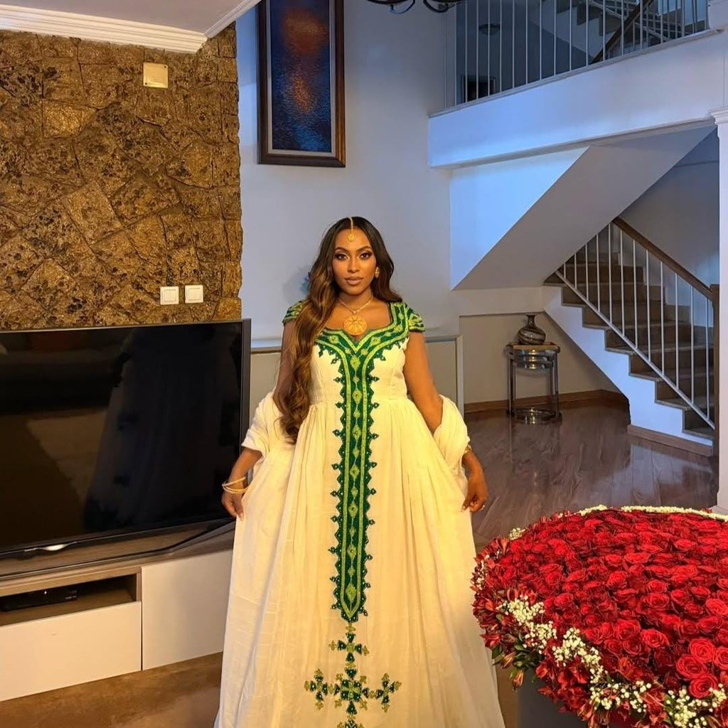 Cultural Habesha Fetil Kemis For Women, New green Tilet Eritrean & Ethiopian Traditional Dress