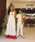 Family 3 Set Habesha Clothing, Red & Gold Tilet Eritrean and Ethiopian Traditional Attire, Custom Made