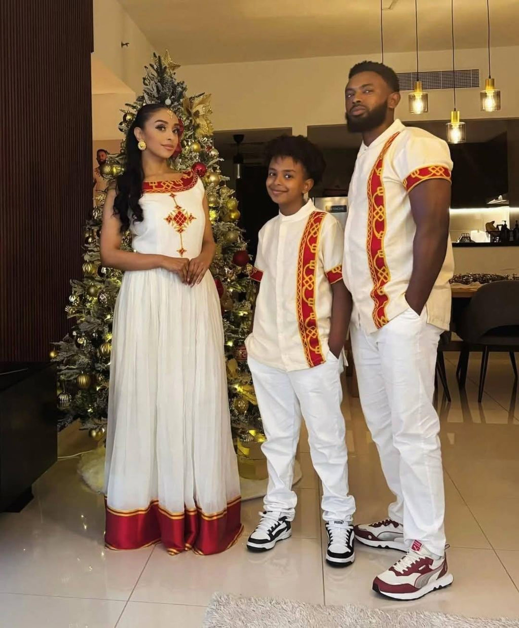 Family 3 Set Habesha Clothing, Red & Gold Tilet Eritrean and Ethiopian Traditional Attire, Custom Made