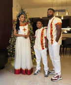 Family 3 Set Habesha Clothing, Red & Gold Tilet Eritrean and Ethiopian Traditional Attire, Custom Made
