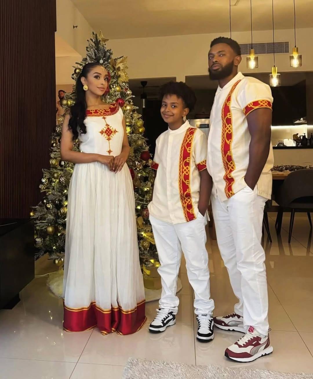 Family 3 Set Habesha Clothing, Red & Gold Tilet Eritrean and Ethiopian Traditional Attire, Custom Made