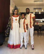 Family 3 Set Habesha Clothing, Red & Gold Tilet Eritrean and Ethiopian Traditional Attire, Custom Made