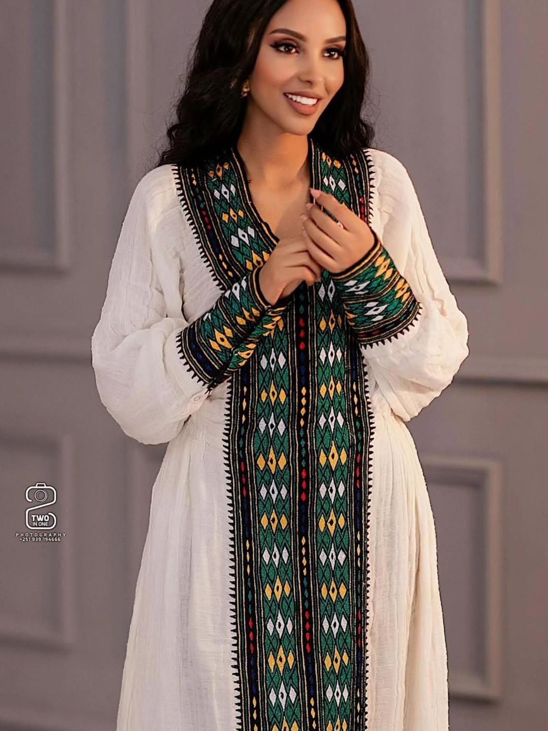 Handwoven Fetil Eritrean & Ethiopian Dress, Cultural Axum Kemis With Green, Black, and Yellow Tibeb Embroidery Tibeb