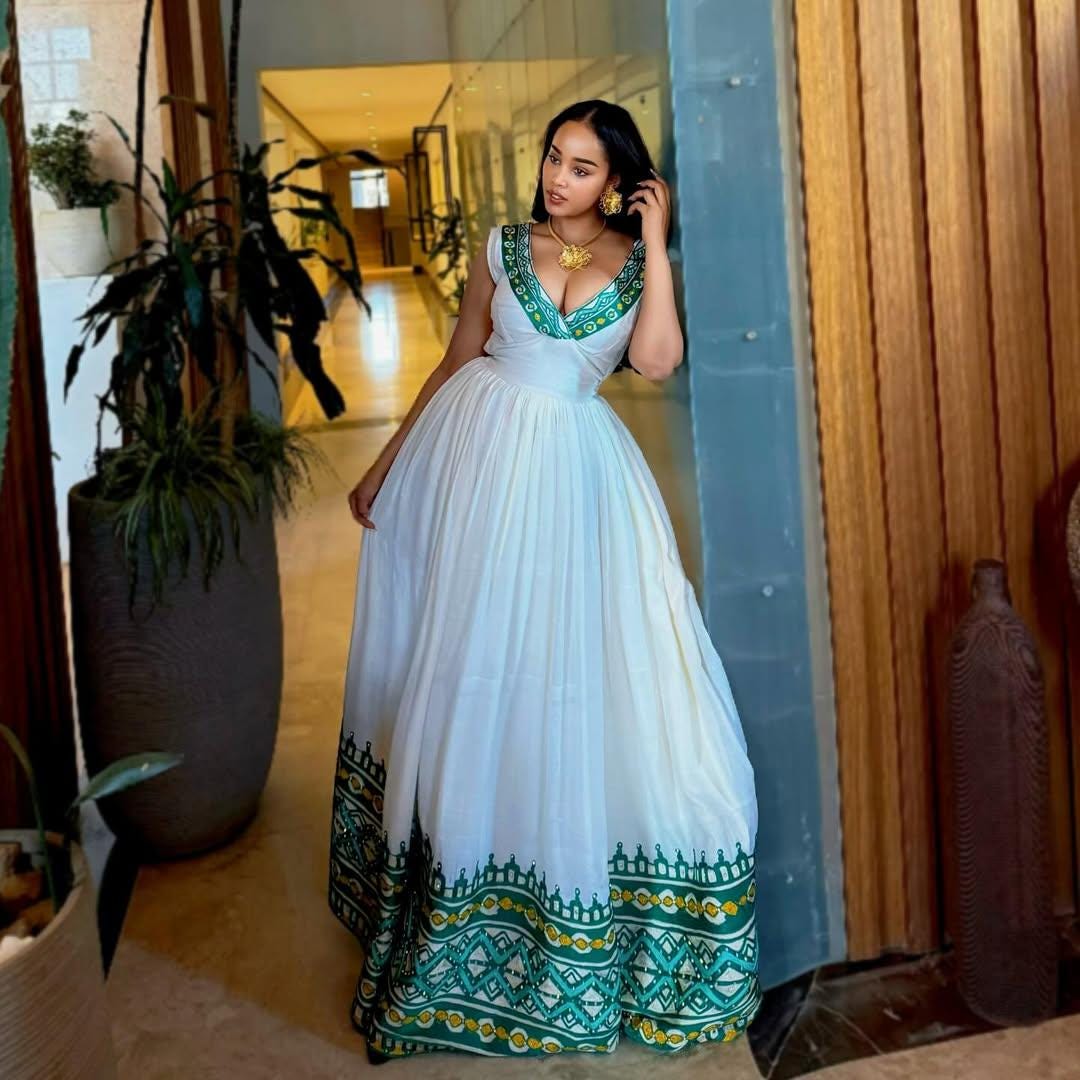 Cultural Habesha Kemis for Women, Green Tilet Eritrean & Ethiopian Traditional Dress, Custom Made