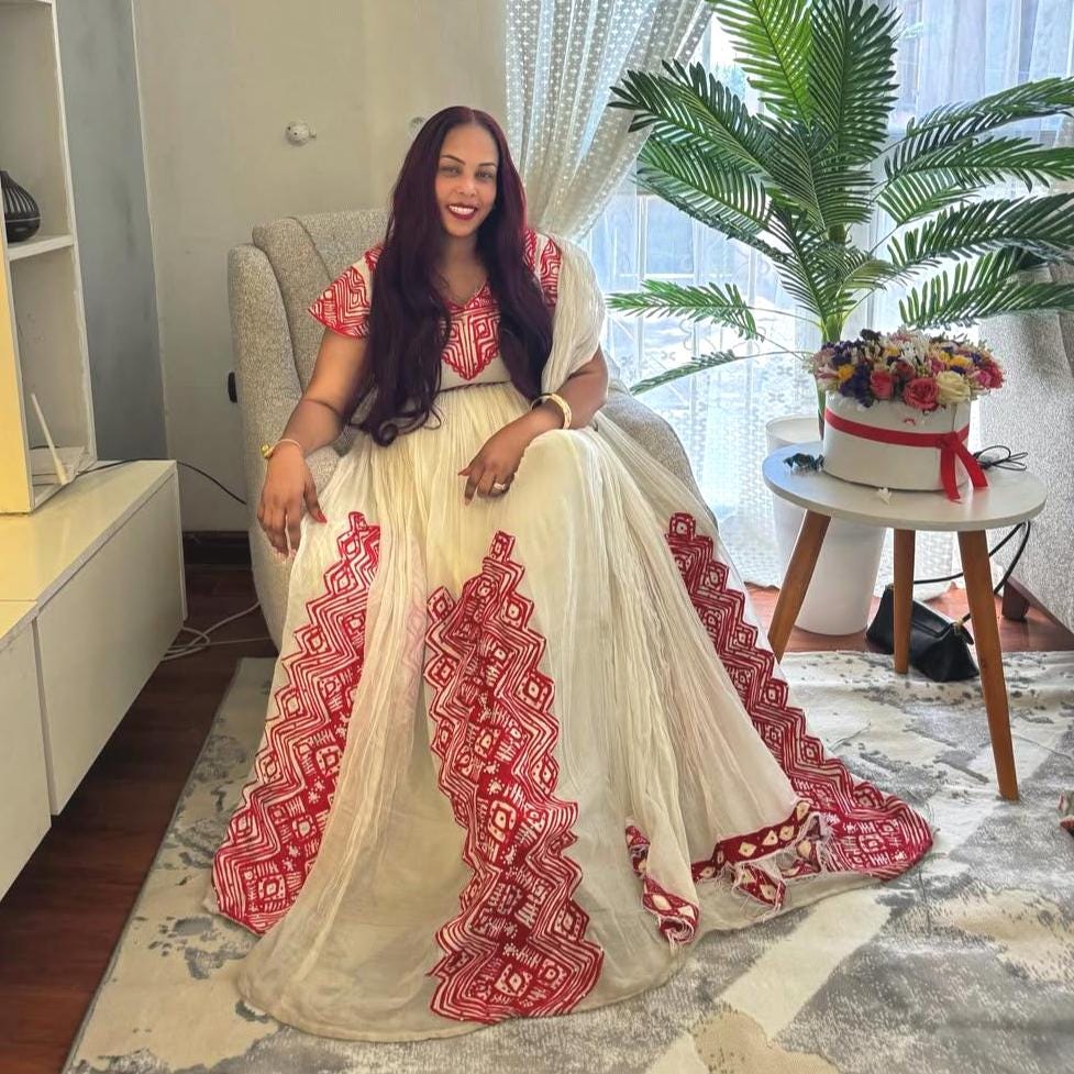 Habesha Clothing, New Red Tilet, Eritrean and Ethiopian Traditional Wedding Attire, Custom Made Fashion